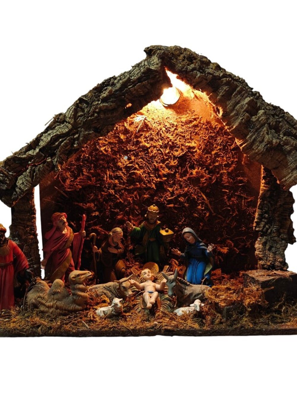 Vintage Nativity Set Wooden Set Plastic Resin Figures & Light-Up Handmade Italy